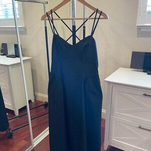 Black Cotton Midi Sundress with Adjustable Spaghetti Straps, Smocked Back Panel